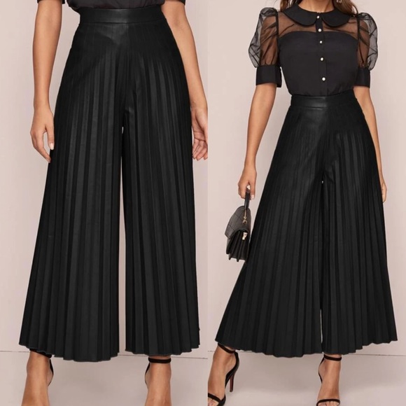 Pants - Vegan Leather Palazzo Wide Pants Black